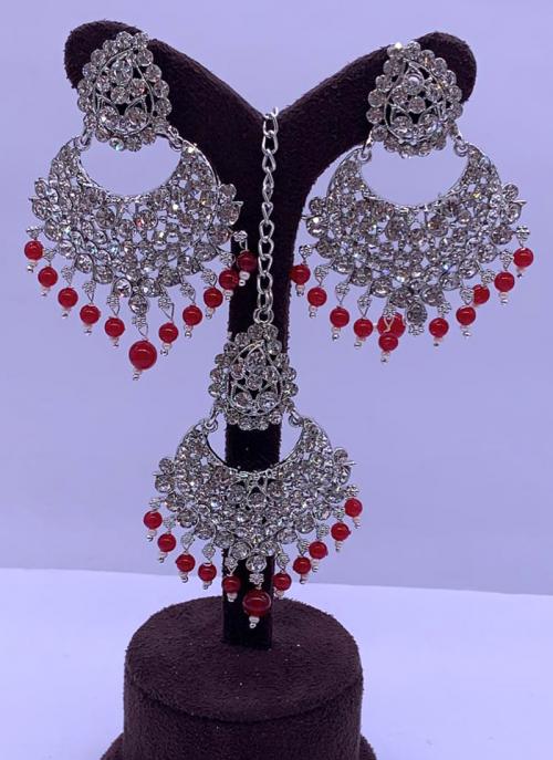 Red Fancy Beads Silver Tone Earrings With Maang Tikka
